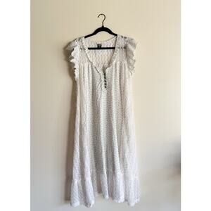 POL Cream + Blue Dainty Floral Print Mesh Lace Cottage Core Lagen Dress